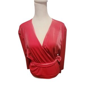 VIXEN by Micheline Pitt Long Sleeve Wrap Top  Velvet Belted V-neck Pink 4X